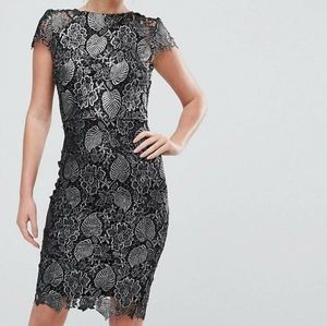 Metallic Lace Floral and Leaves Pencil Dress